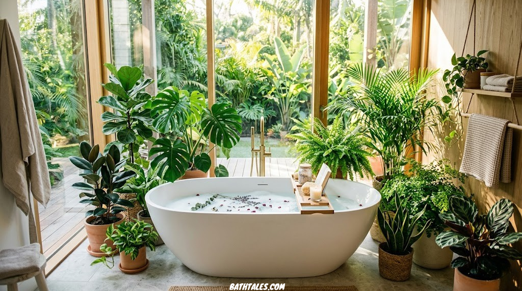 A luxurious modern bathtub surrounded by plants and natural light