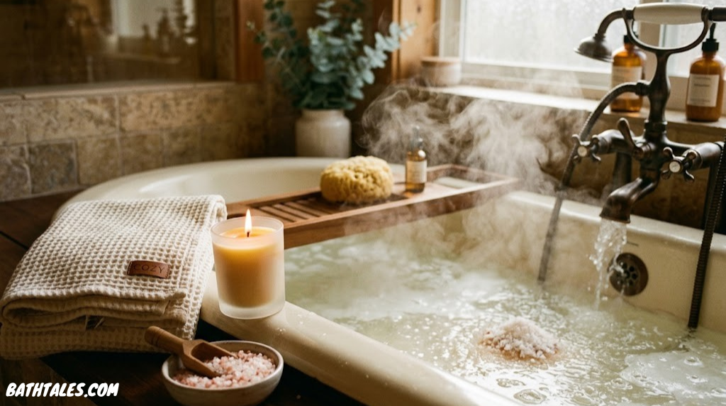 A warm bath dissolving mineral bath salts with steam rising, a candle and folded towel nearby