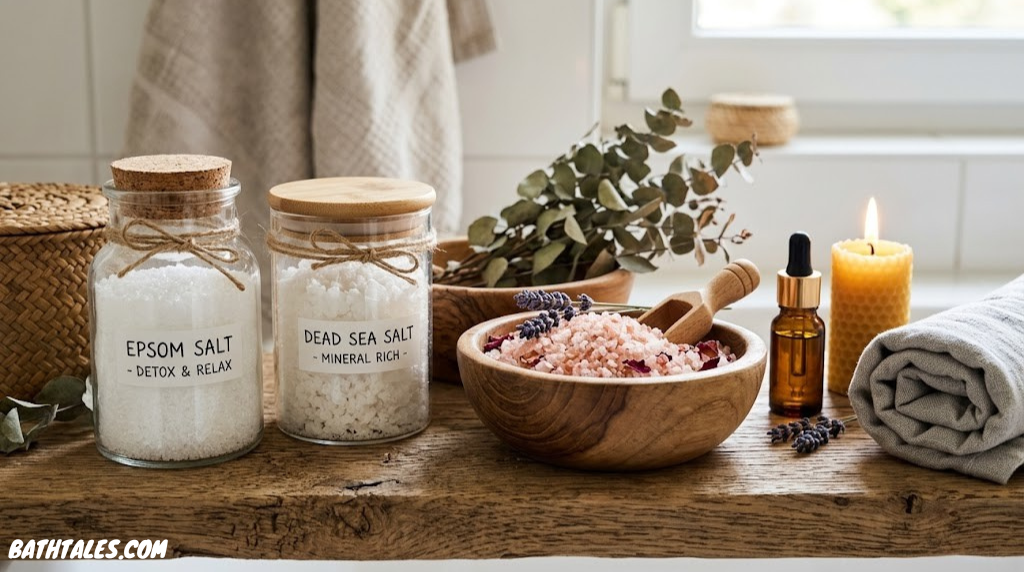 An assortment of detox bath salts, including Epsom salt, Dead Sea salt, and pink Himalayan salt, displayed in glass jars and wooden bowls