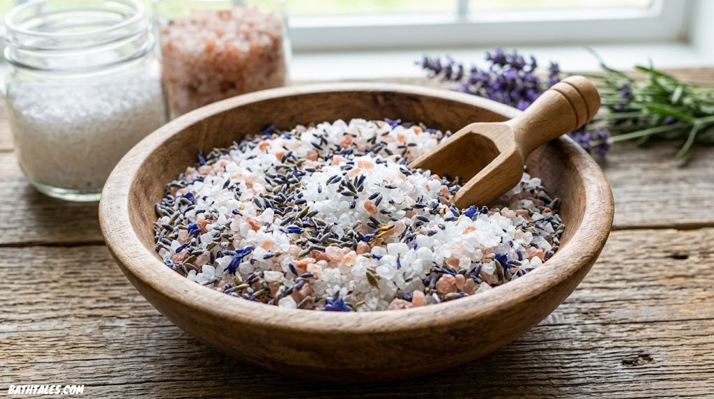 Assorted natural bath salts mixed with dried lavender buds