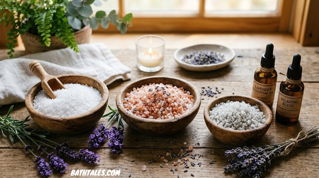 Assortment of bath salts — Epsom, Himalayan pink, Dead Sea — in wooden bowls with lavender and essential oil bottles