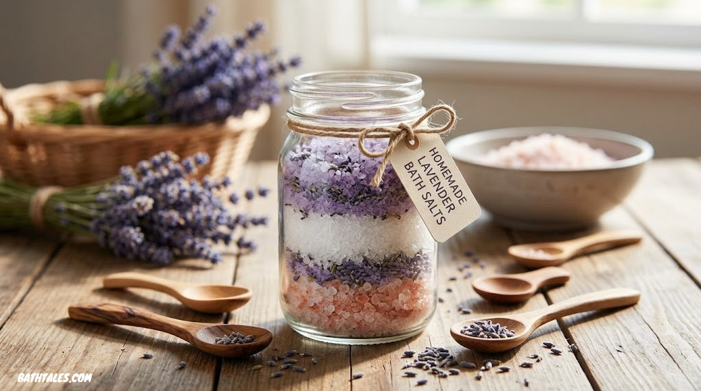 Beautiful homemade bath salts in a glass jar surrounded by lavender and wooden spoons