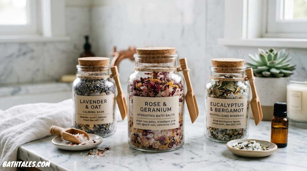 Best bath salts for dry skin — glass jars of mineral-rich salts with botanicals and oils on a marble surface