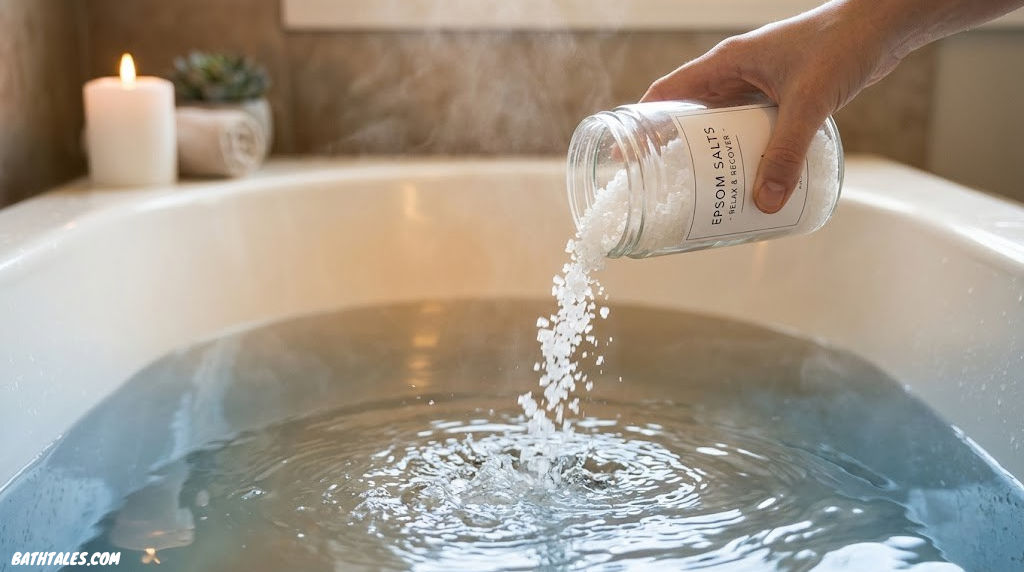 Close-up of Epsom bath salts pouring into a warm recovery bath