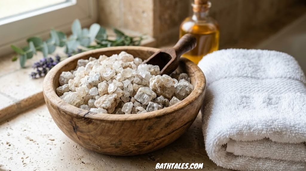 Close-up of coarse mineral bath salt crystals in a wooden bowl beside a folded white towel