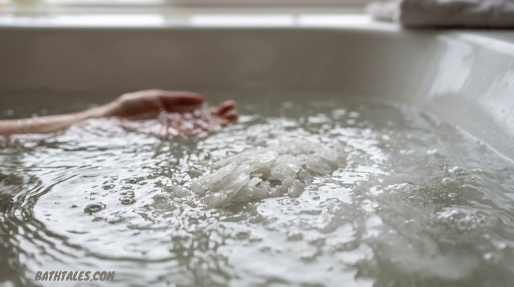 Close-up of magnesium chloride flakes dissolving in warm bath water