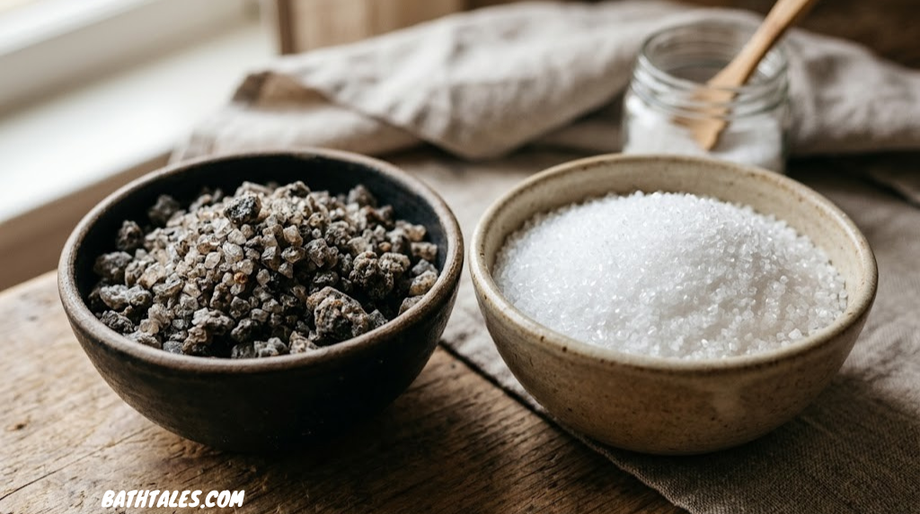 Close-up of two bowls — one with dark mineral-rich Dead Sea salt crystals, one with white Epsom salt granules