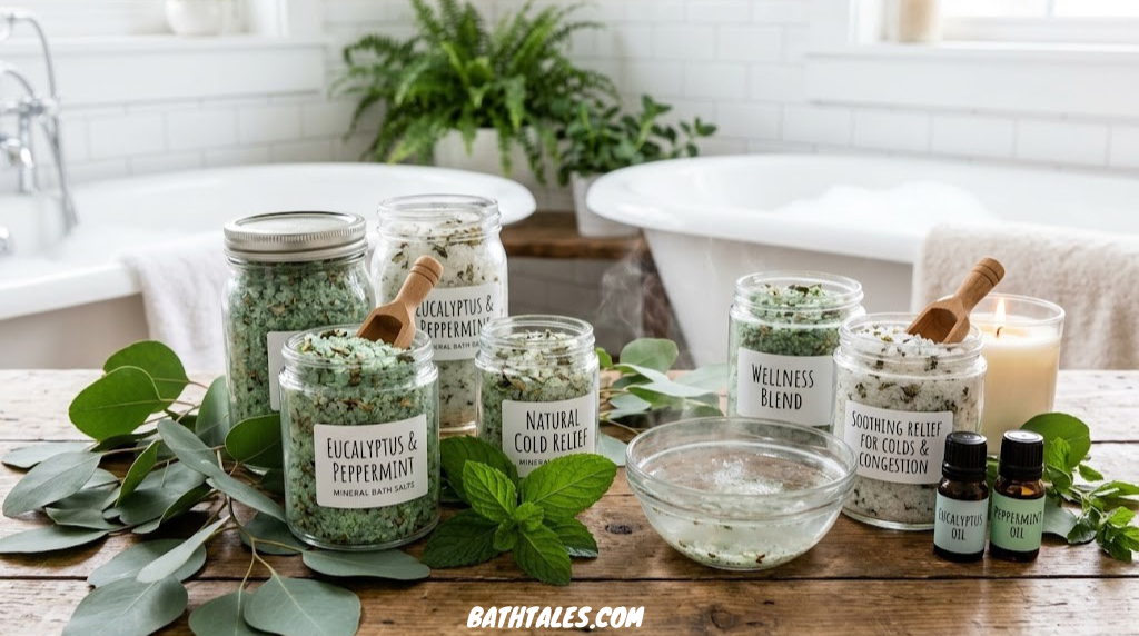 Collection of mineral bath salts with eucalyptus and peppermint for cold relief