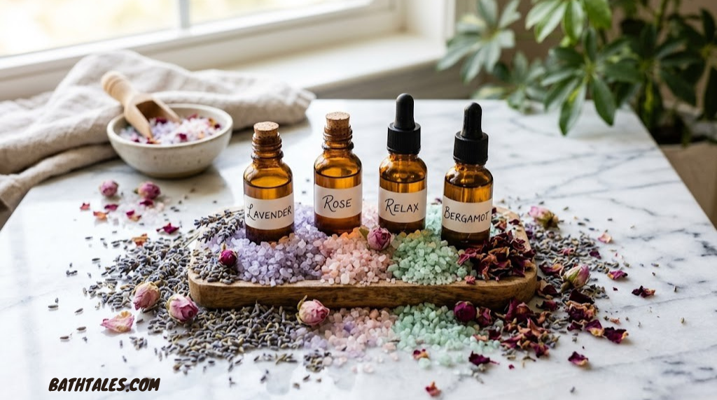 Glass bottles of essential oils nestled among pastel bath salts, dried lavender, and rose petals on a marble surface
