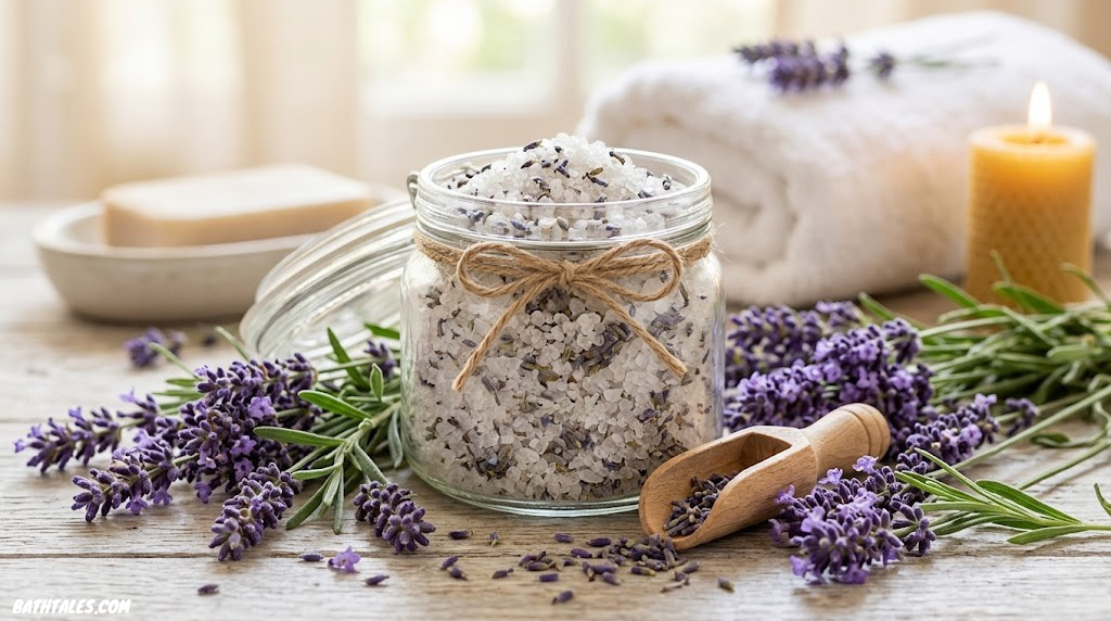 Luxurious natural bath salts in a clear glass jar surrounded by lavender blooms