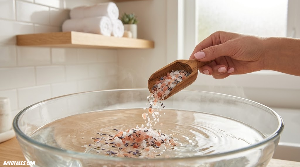 Pouring crystalline bath salts into clear warm water