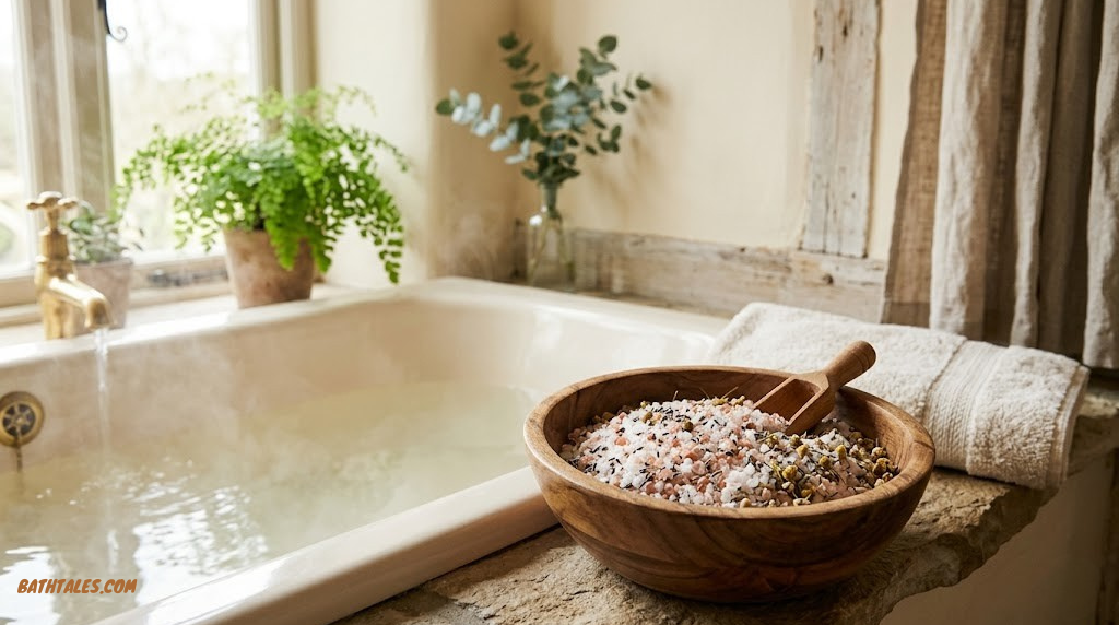 Soothing bath salts in a wooden bowl beside a tub filled with warm mineral-rich water for eczema relief