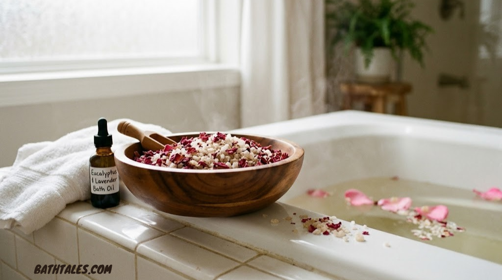 Wooden bowl of magnesium bath flakes and rose petals on the edge of a bath