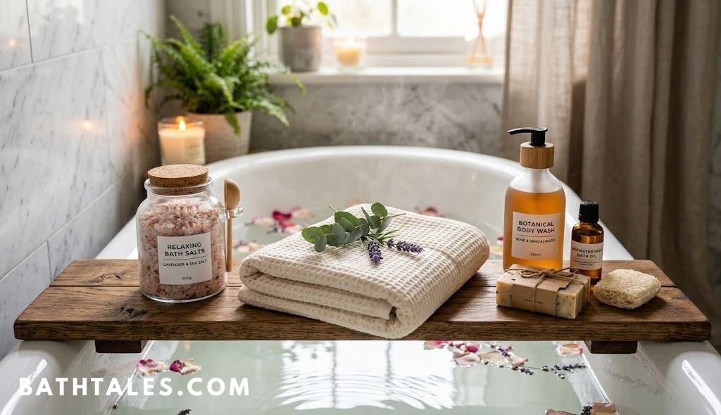 Bath essentials including salts, a soft towel, and a cleanser laid out on a wooden tray