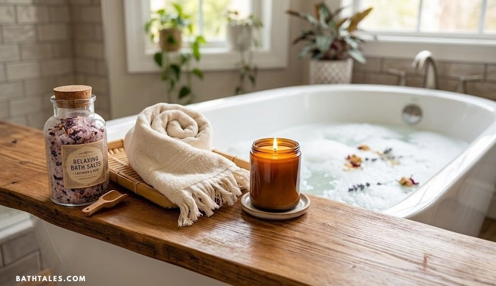 Bath salts, a folded towel, and a candle arranged beside a tub