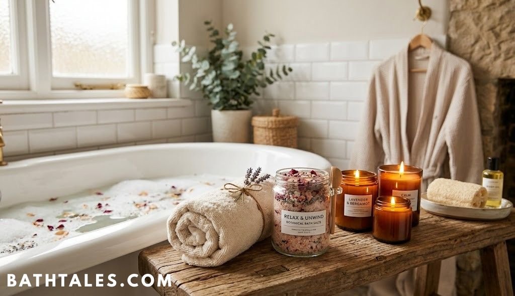 Bath salts, a towel, and candles arranged beside a tub as part of a bath routine