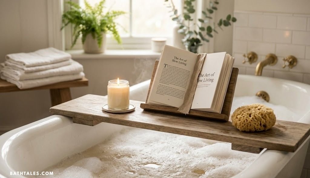 Bath tray with candle, book, and natural sponge
