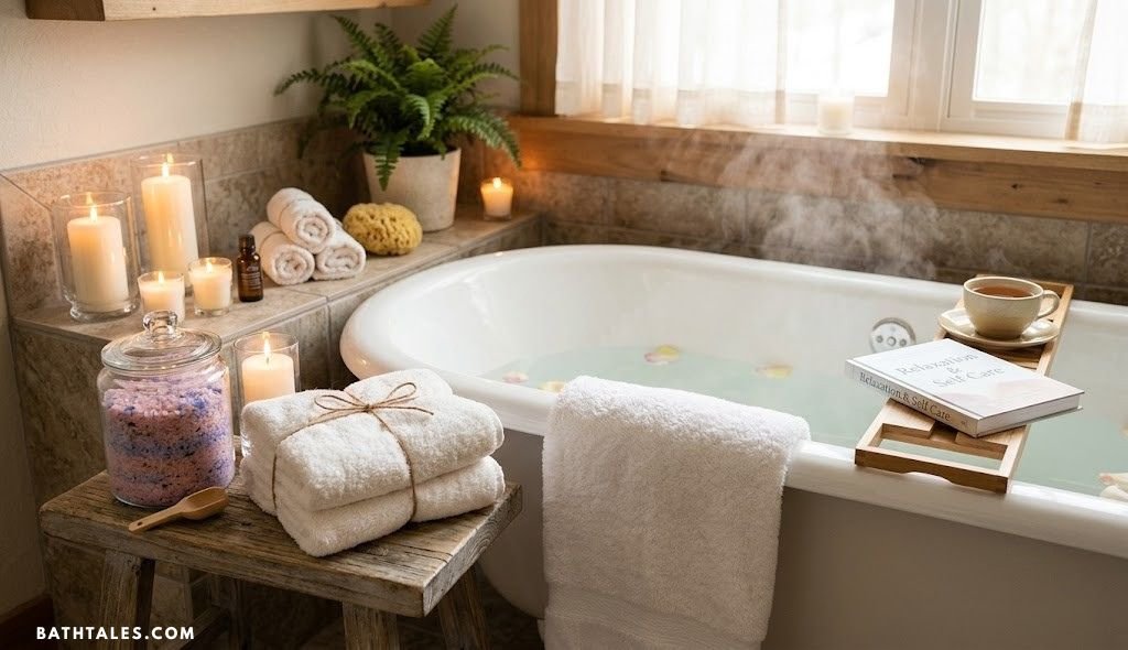 Bath tub surrounded by bath salts, candles and towels