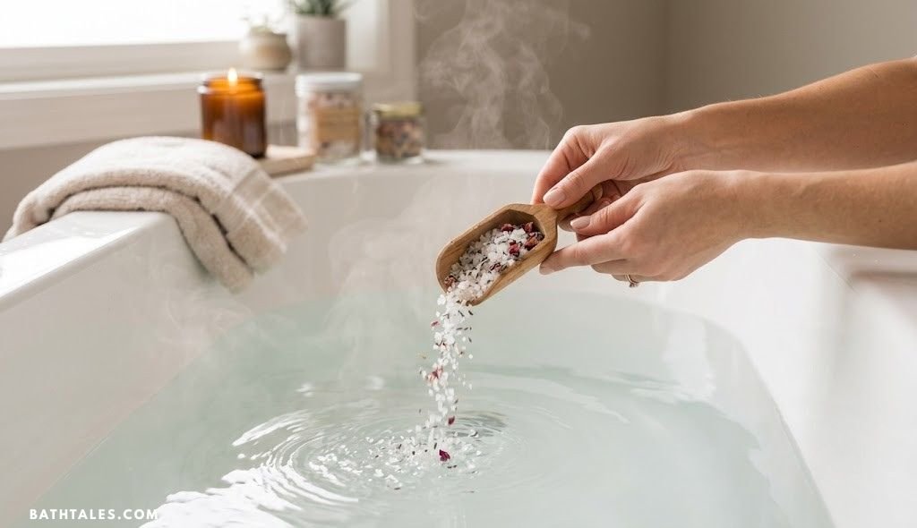 Hands gently pouring natural bath salts into steaming warm bath water