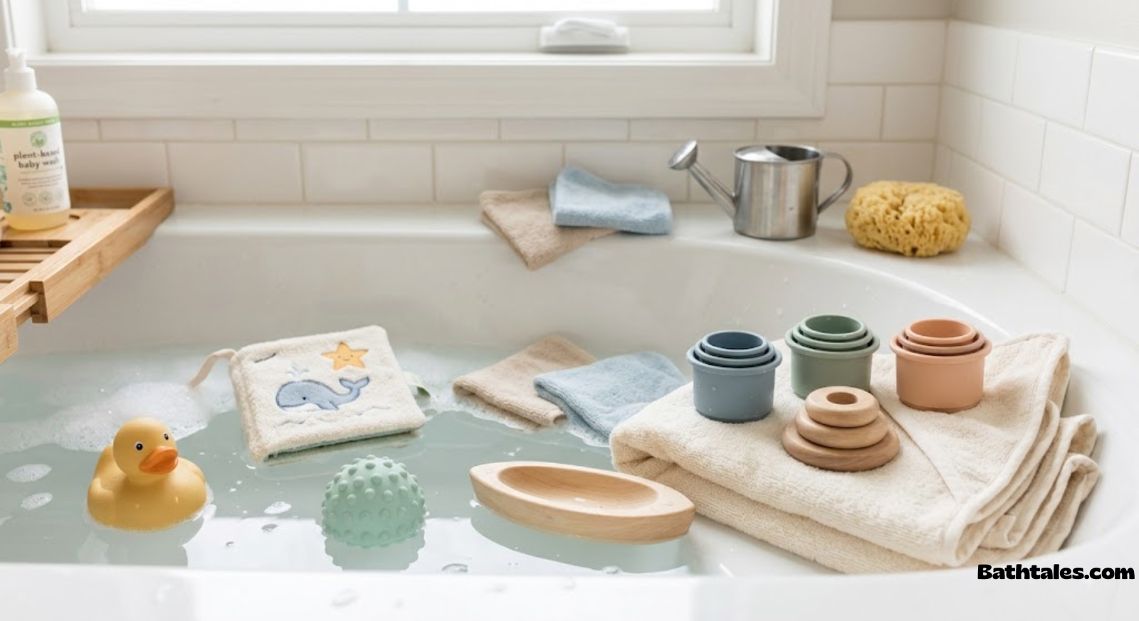 Assortment of safe, plastic-free and mold-free bath toys for toddlers