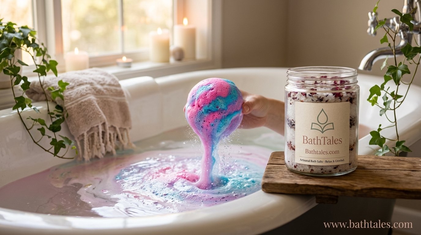 Bath bomb fizzing in tub next to a jar of bath salt