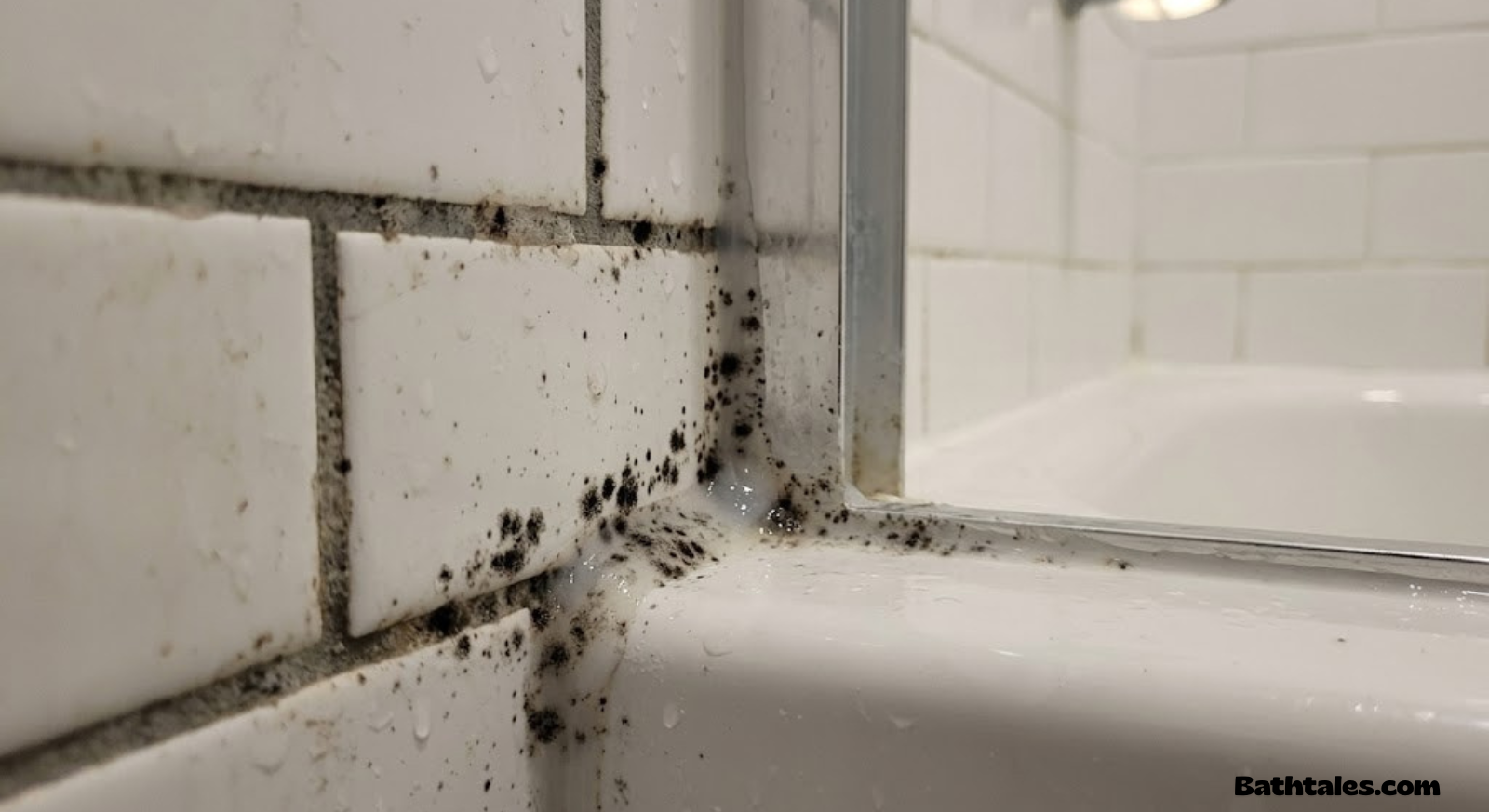 Black mold spots along bathroom tile grout and silicone caulk near a shower