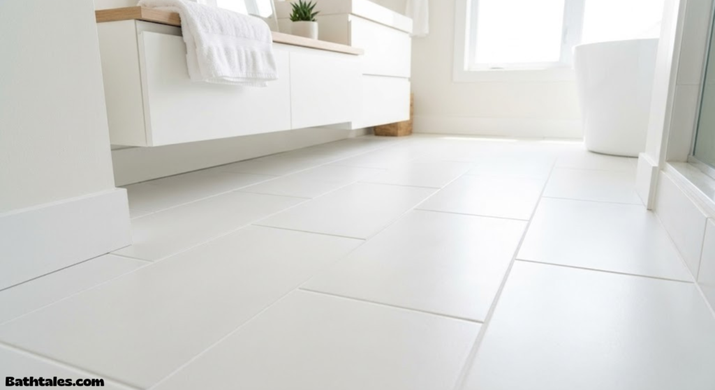 Clean white tile floor with bright grout lines after a no-scrub cleaning method