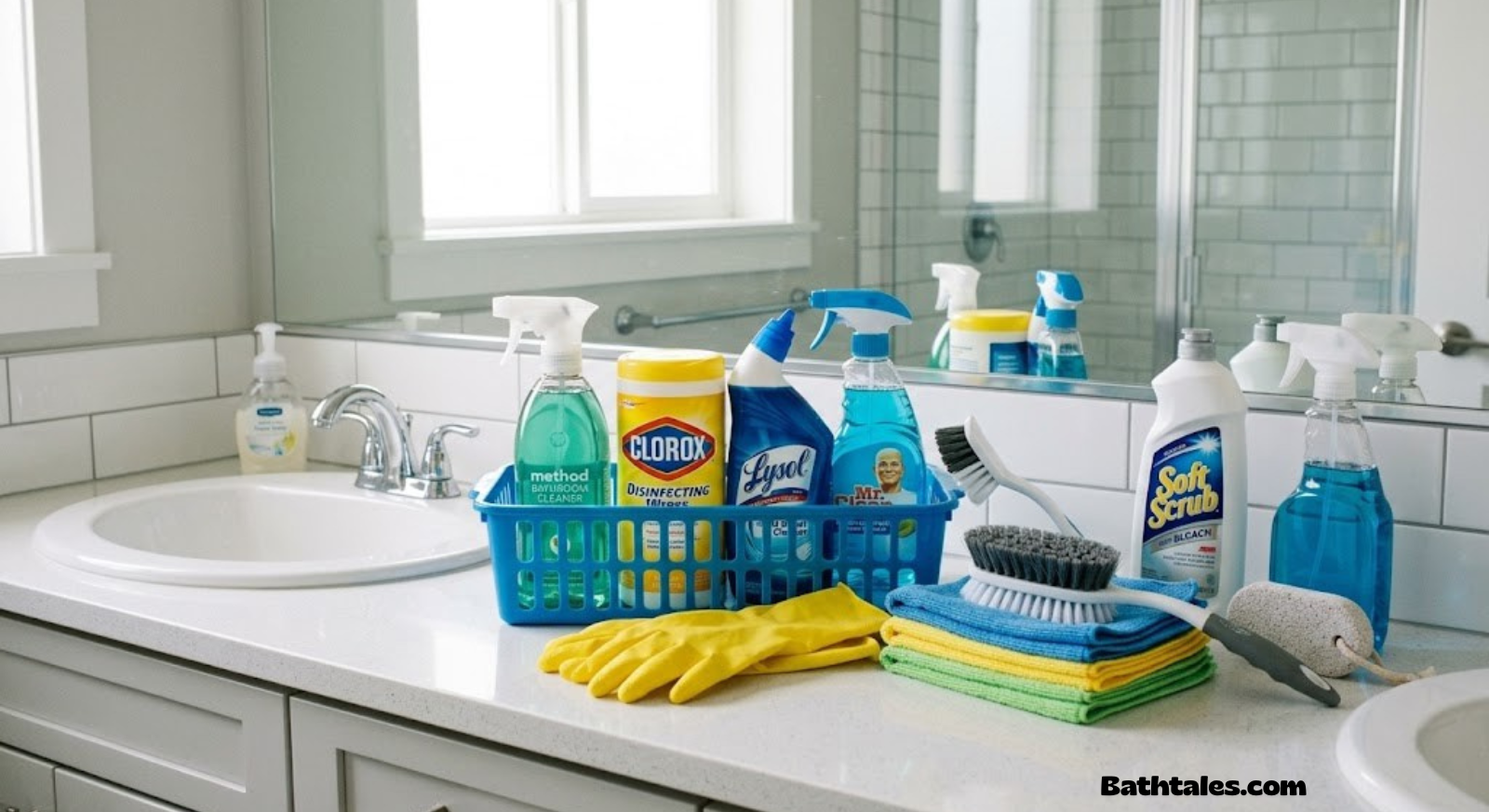 Cleaning supplies laid out for a bathroom deep clean