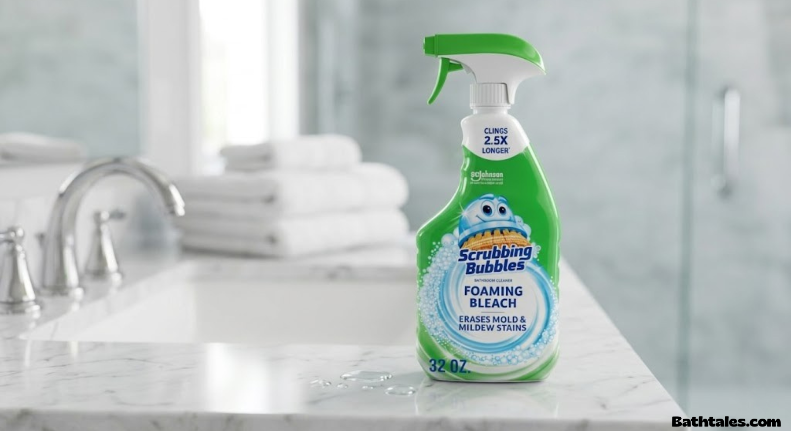 Close up of bathroom cleaner spray bottle on a clean bathroom counter