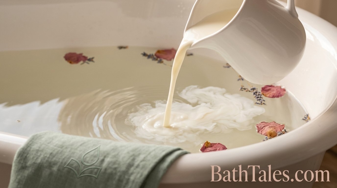 Close up of milk being poured into a bathtub for a milk bath