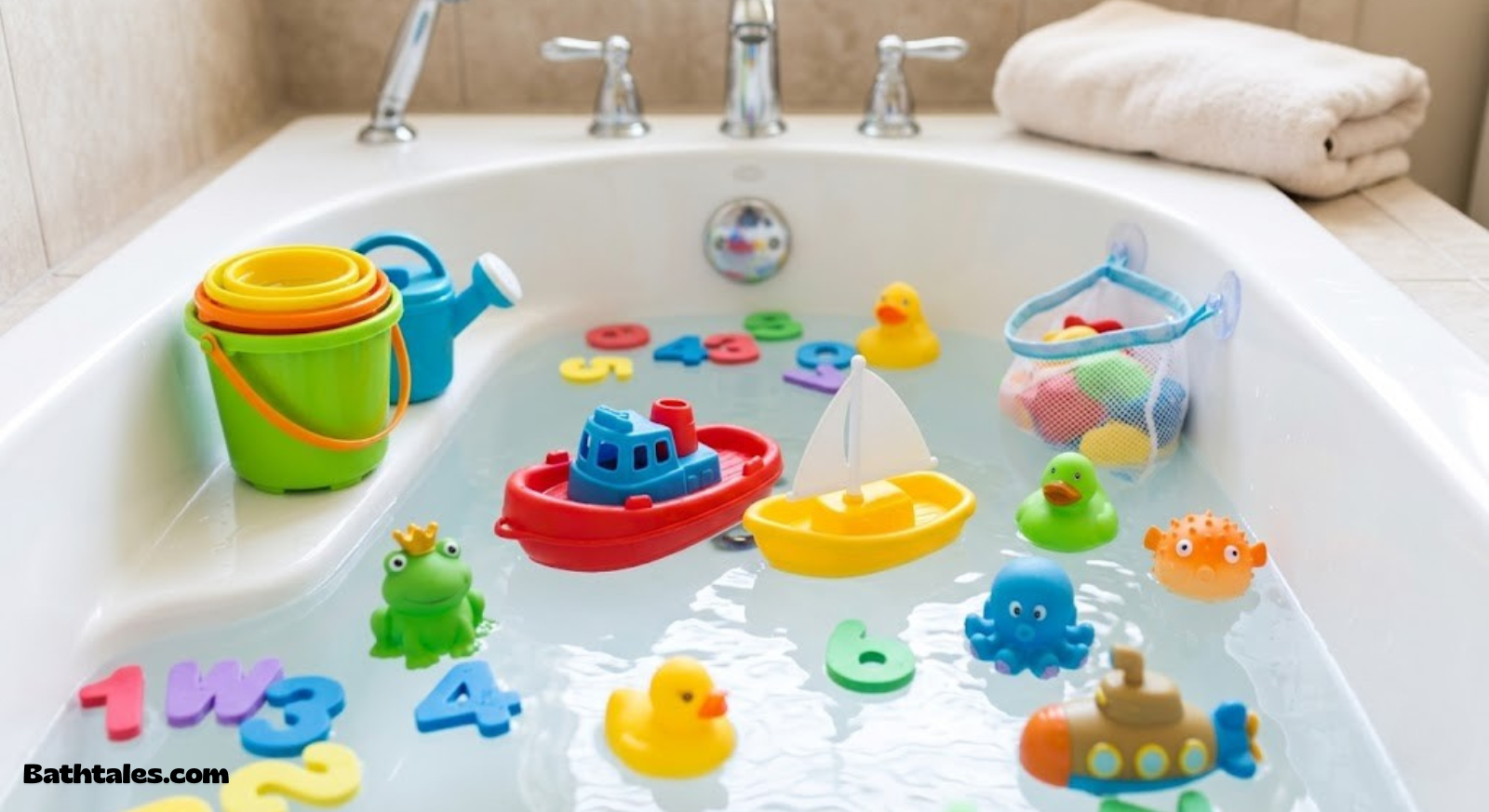 Collection of bath toys including boats, buckets, and floating figures for toddlers