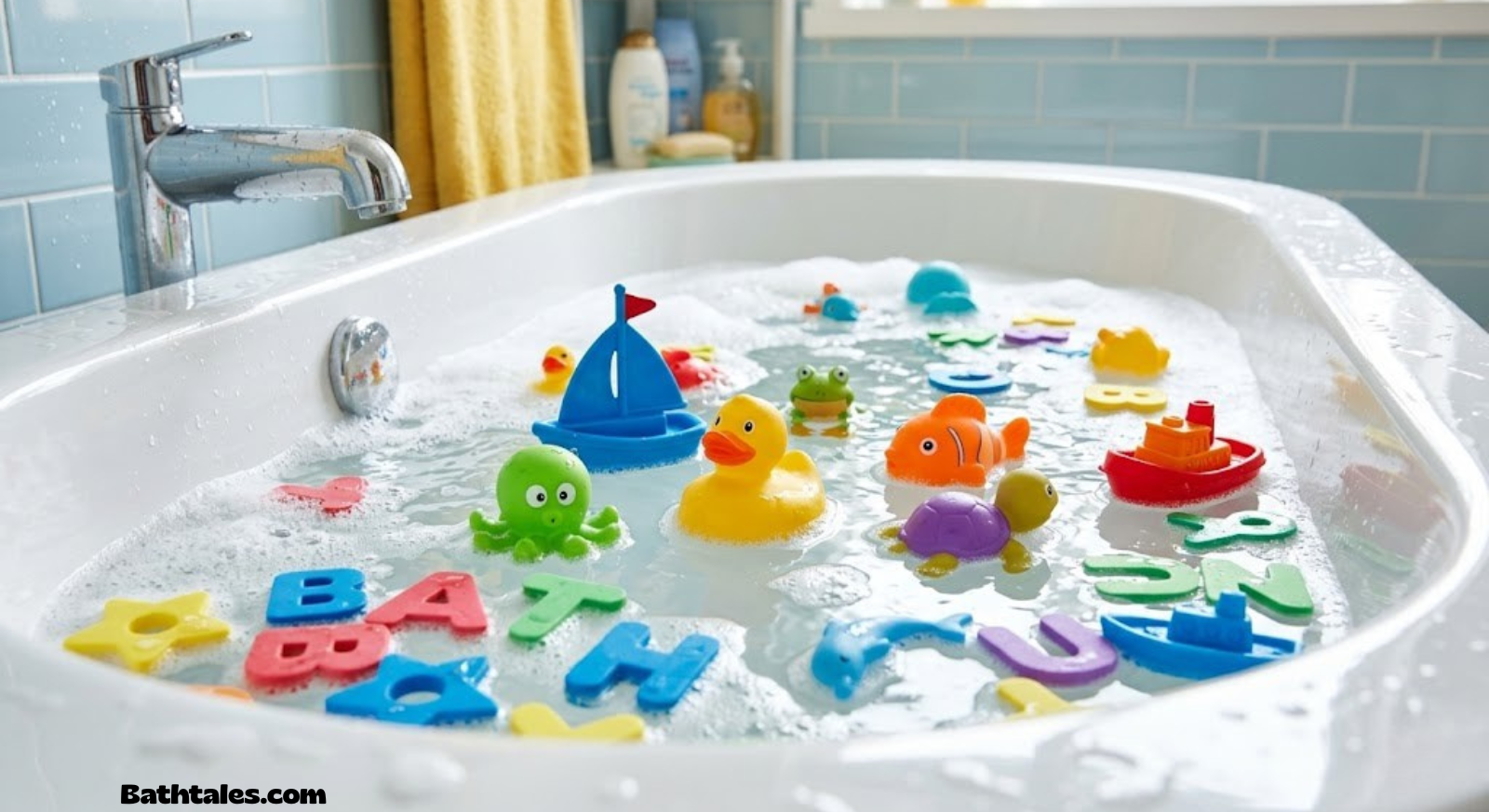Colorful bath toys floating in a bathtub