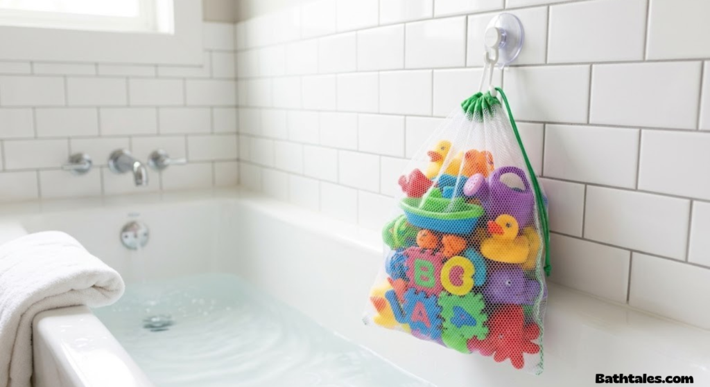 Colorful bath toys organized in a mesh storage bag hanging in a bathtub