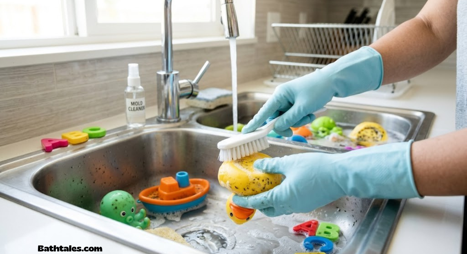 Colorful bath toys with mold buildup being cleaned in a sink