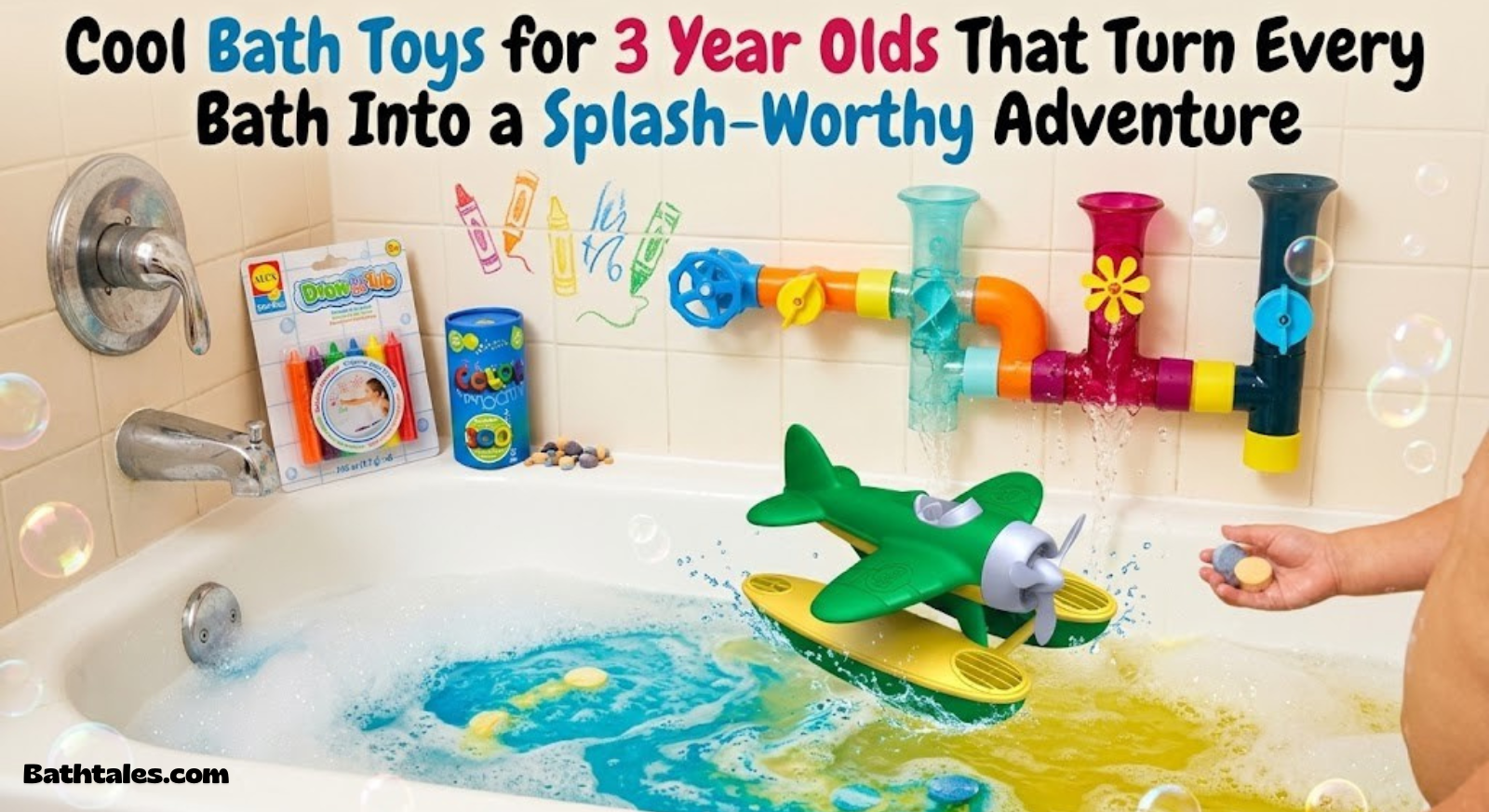 Toddler bath toys lined up on the edge of a bathtub