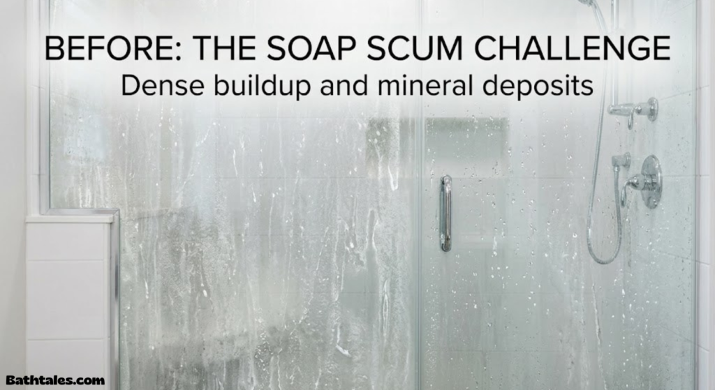 Glass shower door covered in soap scum before cleaning