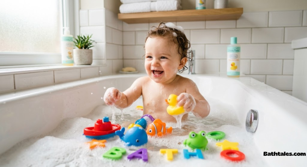 Happy baby playing with colorful bath toys in a bubble bath