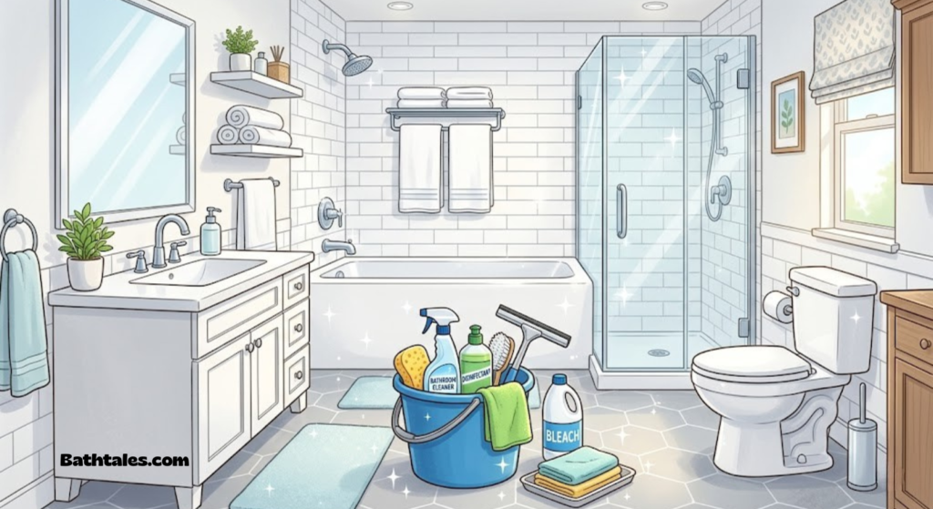 Illustration of a fully deep-cleaned bathroom with bucket and cleaning supplies