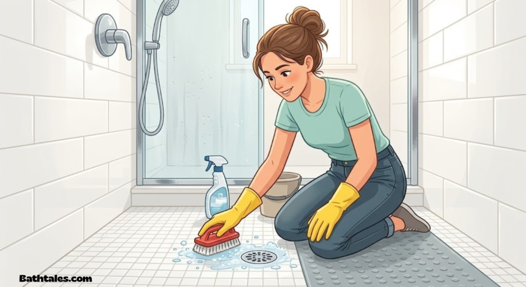 Illustration of a person cleaning a shower drain with gloves and a brush