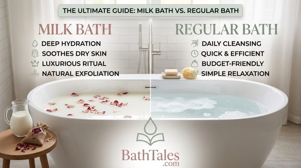 Milk bath vs regular bath comparison in a modern bathtub