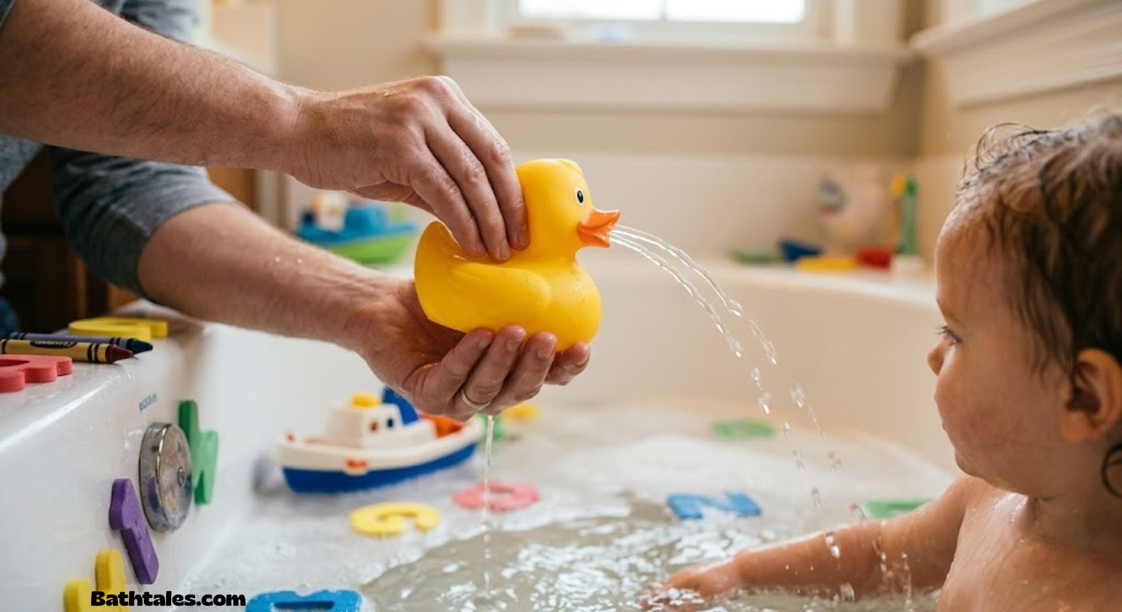 Parent squeezing water out of a rubber duck bath toy