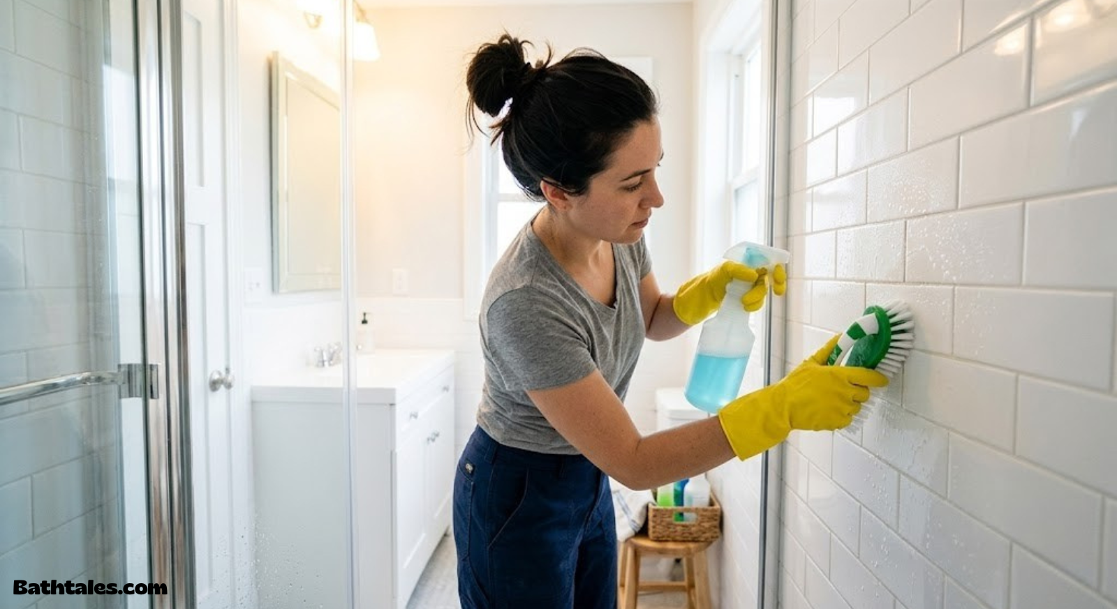 Person wearing gloves cleaning bathroom tile with a spray bottle and scrub brush