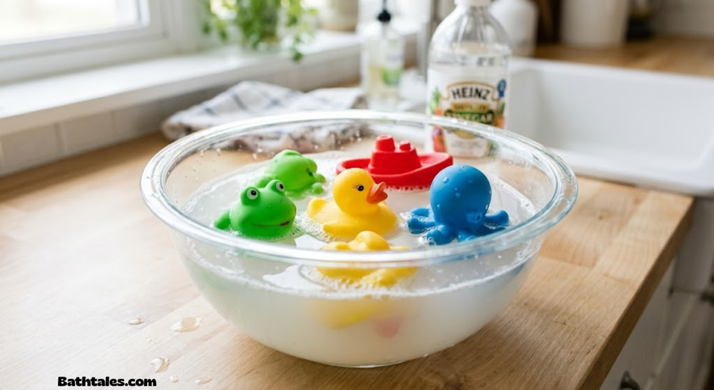Rubber squeeze toys soaking in a bowl of vinegar solution