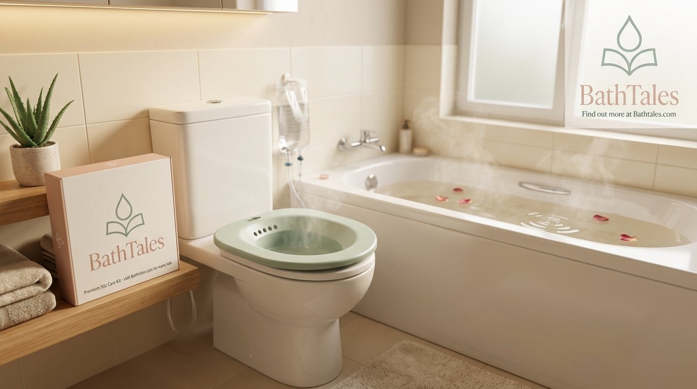Sitz bath basin placed over a toilet next to a regular bathtub filled with warm water