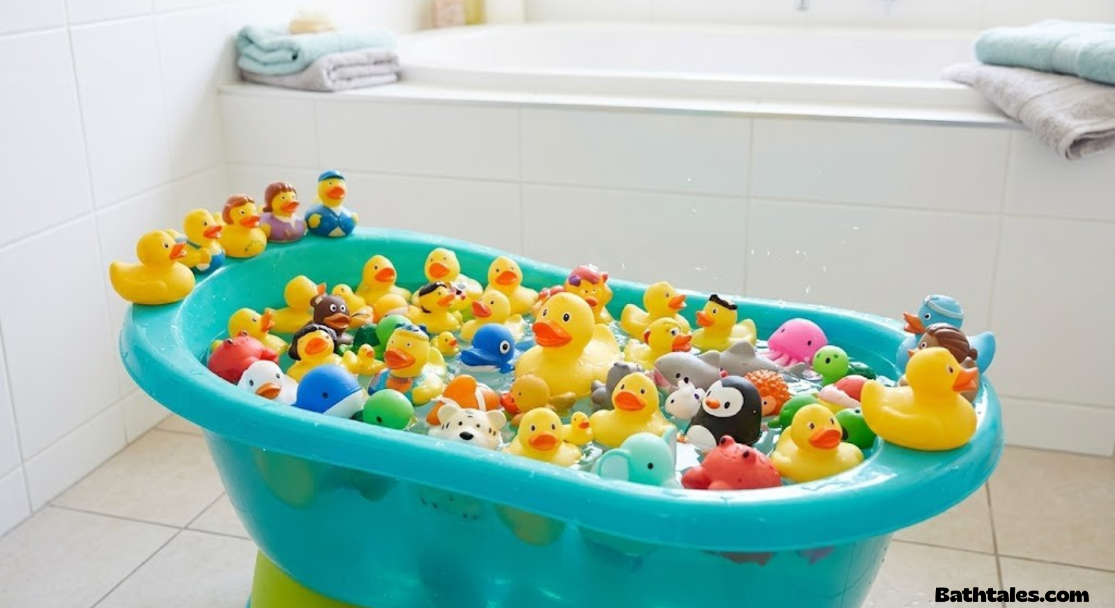 Toddler bathtub filled with rubber ducks and squirt toys
