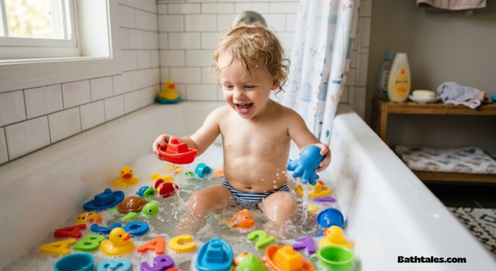 Toddler playing with colorful bath toys during bath time