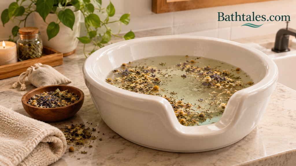 Ceramic sitz bath basin filled with warm water and dried herbs sitting on a bathroom counter