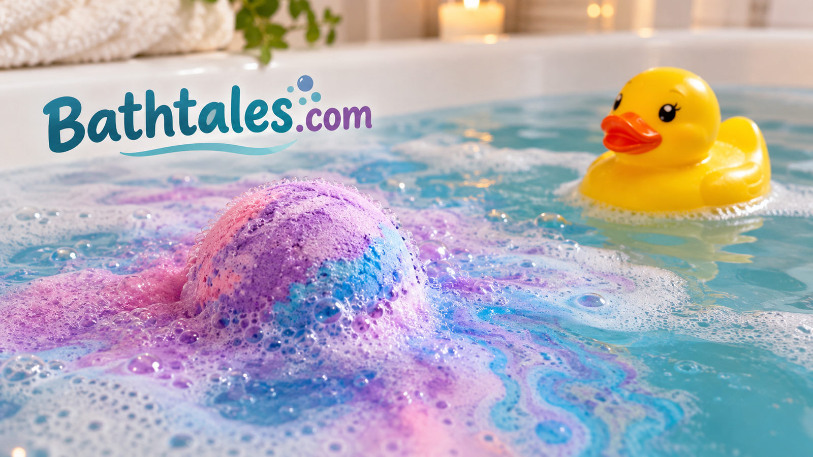 Close-up of a fizzing bath bomb dissolving in bathwater with a rubber duck floating nearby