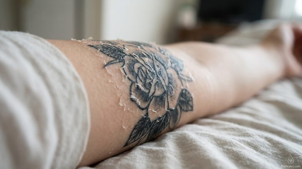 Close-up of a healing tattoo showing peeling skin