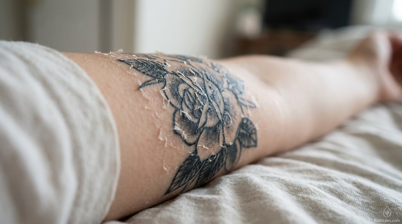 Close-up of a healing tattoo showing peeling skin